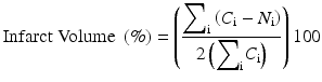 
$$ \mathrm{Infarct}\;\mathrm{Volume}\;\left(\%\right)=\left(\frac{{\displaystyle \sum}_{\mathrm{i}}\left({C}_{\mathrm{i}}-{N}_{\mathrm{i}}\right)}{2\left({\displaystyle \sum}_{\mathrm{i}}{C}_{\mathrm{i}}\right)}\right)100 $$
