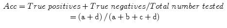 
$$ \begin{array}{c} Acc= True\; positives+ True\; negatives/ Total\; number\; tested\\ {}=\left(\mathrm{a}+\mathrm{d}\right)/\left(\mathrm{a}+\mathrm{b}+\mathrm{c}+\mathrm{d}\right)\end{array} $$
