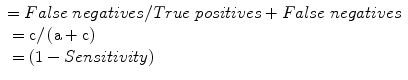 
$$ \begin{array}{l}= False\; negatives/ True\; positives+ False\; negatives\\ {}=\mathrm{c}/\left(\mathrm{a}+\mathrm{c}\right)\\ {}=\left(1- Sensitivity\right)\end{array} $$
