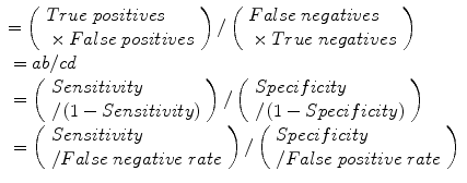 
$$ \begin{array}{l}=\left(\begin{array}{l} True\; positive s\\ {}\times False\; positive s\end{array}\right)/\left(\begin{array}{l} False\; negative s\\ {}\times True\; negative s\end{array}\right)\\ {}= ab/ cd\\ {}=\left(\begin{array}{l} Sensitivity\\ {}/\left(1- Sensitivity\right)\end{array}\right)/\left(\begin{array}{l} Specificity\\ {}/\left(1- Specificity\right)\end{array}\right)\\ {}=\left(\begin{array}{l} Sensitivity\\ {}/ False\; negative\; rate\end{array}\right)/\left(\begin{array}{l} Specificity\\ {}/ False\; positive\; rate\end{array}\right)\end{array} $$
