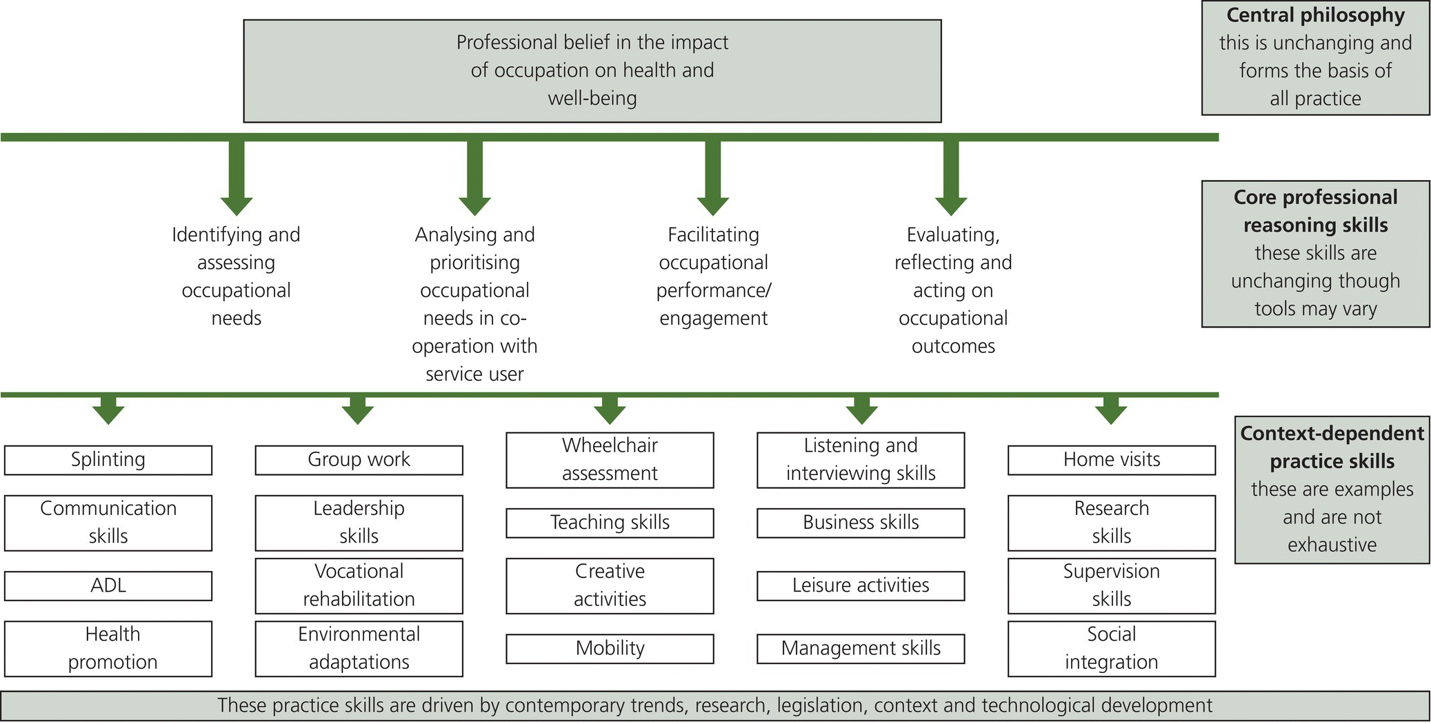Diagram with arrows from the central philosophy of occupation on health and well-being to core professional reasoning skills to context-dependent practice skills.