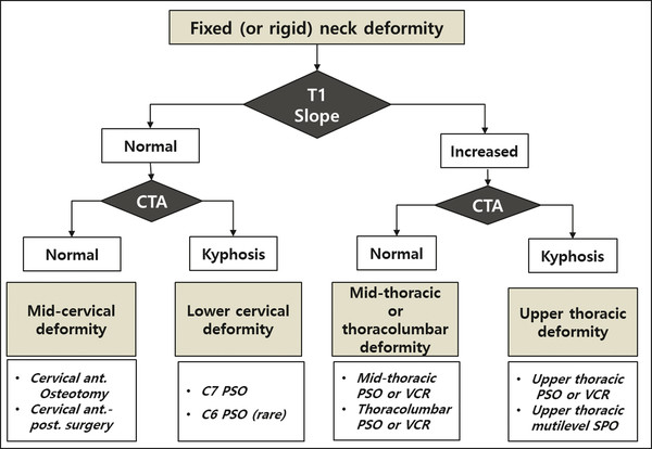 A flowchart for surgical strategy to treat rigid neck deformity using T1 slope and cervicothoracic angle (CTA), which is measured from the C6 upper endplate to the T4 lower endplate. Ant., anterior; p