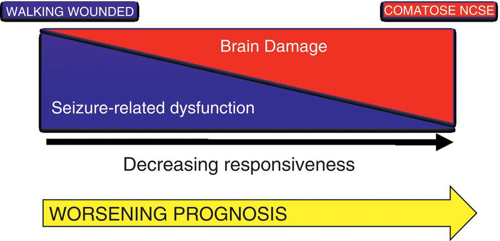A diagram shows the relationship between seizure-related dysfunction, brain damage, responsiveness, and prognosis. Decreasing responsiveness worsens prognosis.