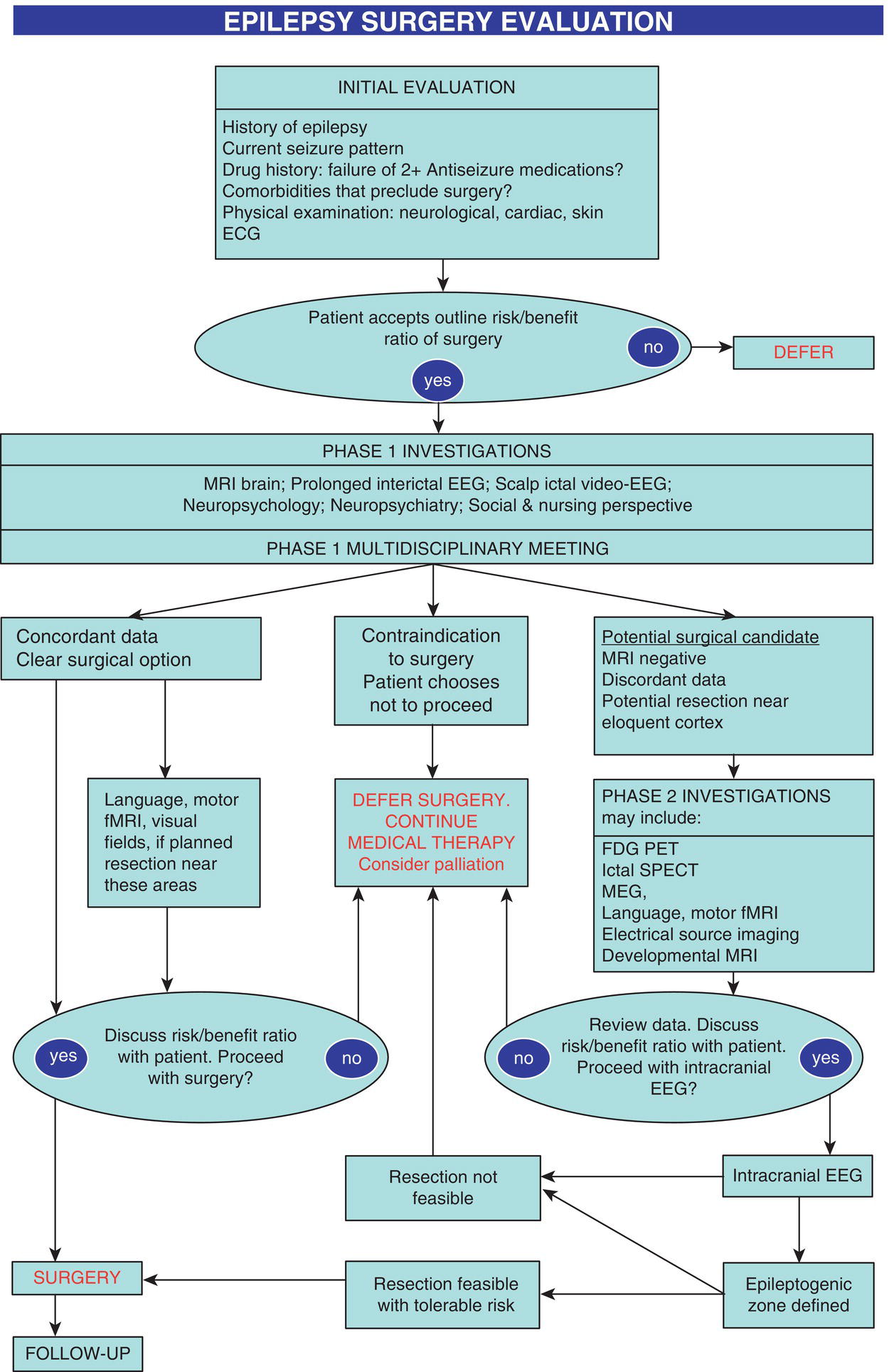 A flowchart outlines epilepsy surgery evaluation, including the initial tests, Phase 1 and 2 investigations, multidisciplinary meetings, and decision points for surgery or deferral.